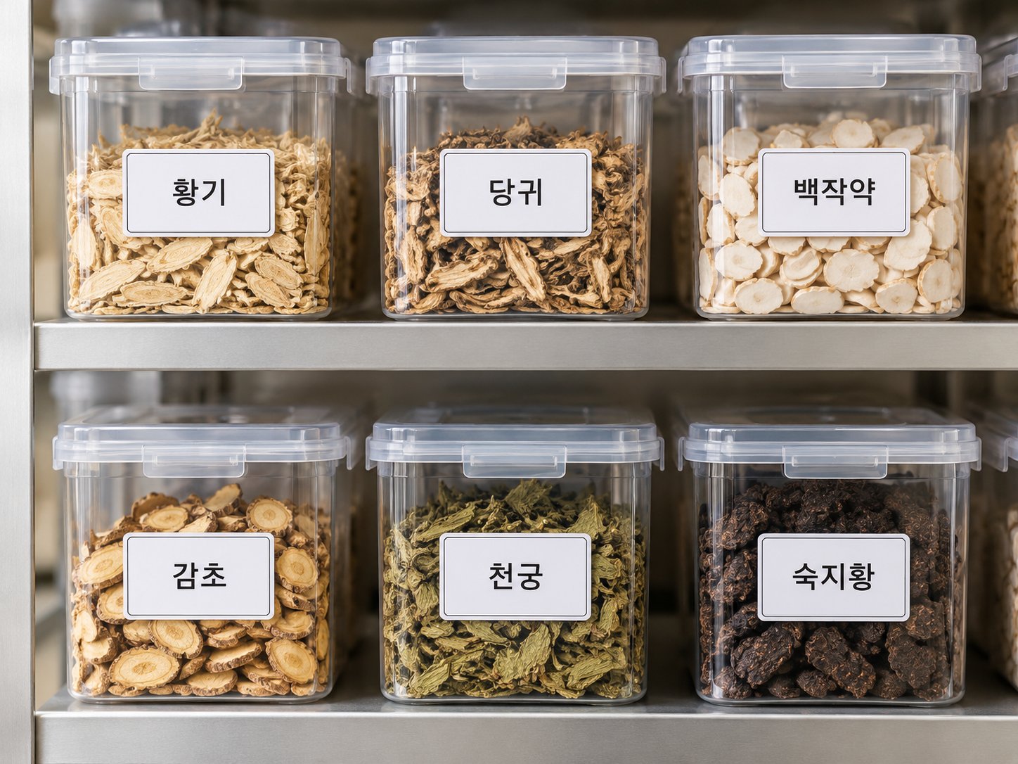 황기 · 당귀 · 백작약 · 감초 · 천궁 · 숙지황을 품목별 용기에 나누어 보관한 선반