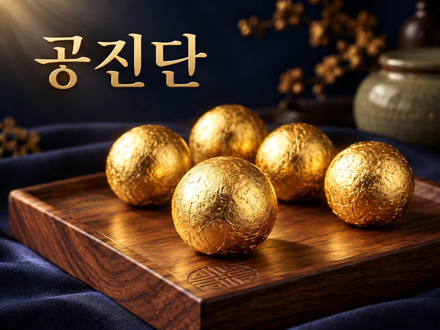 짙은 남색 비단 위 나무 쟁반에 놓인 금박 공진단 다섯 알과 금색 '공진단' 글자
